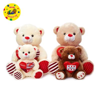 China Custom gift or promotion plush teddy bear with heart classy unique brown white bear with red heart for sale