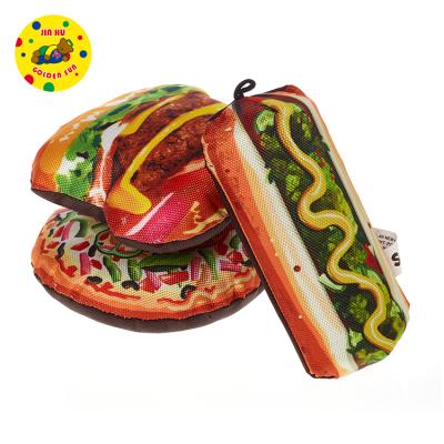 China Viable Food Shape Hot Dog Pizza Hamburger Plush Dog Squeaky Pet Toys for sale