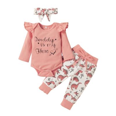 China New Autumn Baby Casual Children's Wear Long Sleeve Halter Pink Dinosaur Pants Headdress Set for sale