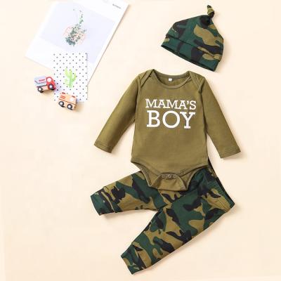 China Breathable Newborn Baby Boy Camouflage Clothes Letter Print Romper Long Pants Hat 3PCS Baby Outfits Set for sale