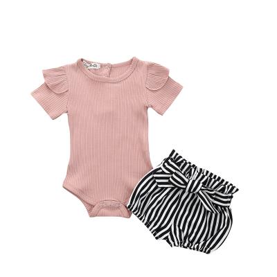 China Baby Contracted Short Sleeve Checked Shorts Headband 3 Piece Set Late Summer Girl Cotton Loungewear Baby Clothing Sets for sale