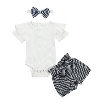 China Fashion Solid Color Plaid Shorts Summer Cloth Children's Loose Hired Cotton Baby's Short Sleeve Clothing Sets for sale