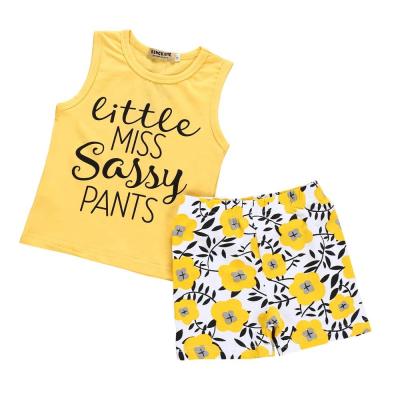 China Breathable Baby Letter Clothes Summer Tops Sleeveless Cotton Shorts Pants Yellow Floral Newborn Baby Outfit Set for sale