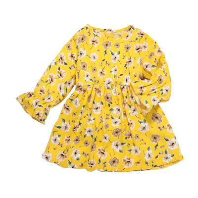 China Popular Newborn Kids Summer Girl Dress Anti-Shrink Long Sleeved Floral Print Yellow Romper Clothes for sale