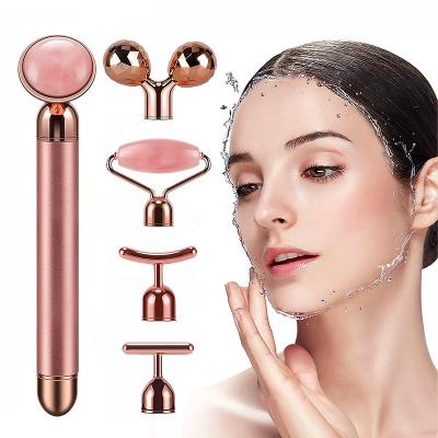 China Wrinkle Remover The New 5 in 1 Natural Ice Cooling Rose Quartz Face Massage Roller Jade Quartz Face Rollers for sale