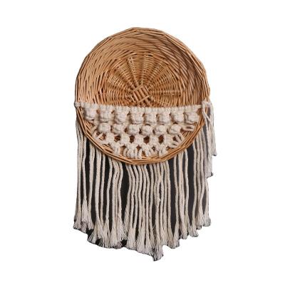 China Minimalist Handwoven Rattan Baskets Pendants Cotton Semi-Round Yarn Weaves Flower Leaves Tassel Basket Wall Hanging Home Decoration for sale