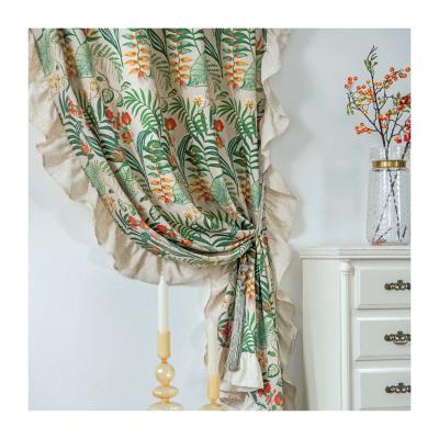 China Modern export Amazon green plant cotton and retro American country semi-blackout curtain fabric tassel curtain fabric finished product for sale