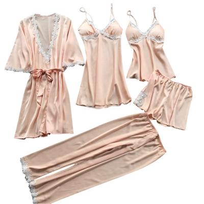 China QUICK DRY Women's Sexy 5 Piece Set Bathrobe With Lace Ladies Sleepwear Nightgown Set for sale