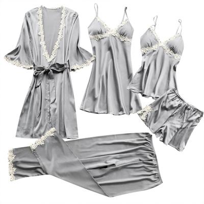 China Amazon Breathable Warm Style Contracted Fashion Polyester Fiber Five-piece Suite Ladies Pajamas for sale