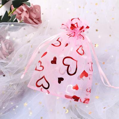 China Wholesale 20x30cm Rose Gold Organza Bags Mesh Promotional Pink Heart Printing Drawstring Organza Bags for sale