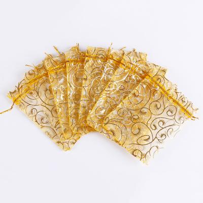 China Promotion Wholesale 9x12cm Gift Bag Organza Jewelry Bag Gold Printing Mesh Drawstring Organza Bags for sale