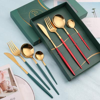 China Wholesale 4PCS Korean Stocked Black Box Knife Spoon And Fork Set 304 Stainless Steel Gold Cutlery Sets for sale