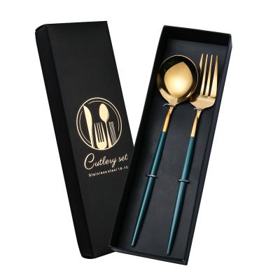 China Stocked Wholesale Pvd Gold Plated 2PCS Spoon And Fork 410 Flatware Stainless Steel Cutleri Set With Box for sale