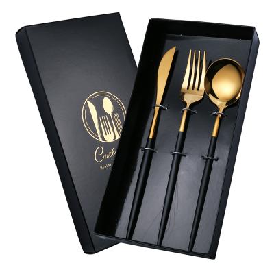 China Wholesale 3PCS Black Box Gold Fork Stocked Knife and Spoon Set 410 Stainless Steel Cutlery for sale