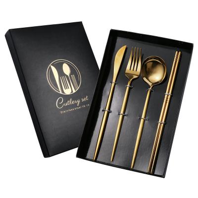 China Wholesale 4PCS Korean Stocked Black Box Spoon Fork Chopsticks Set 410 Stainless Steel for sale