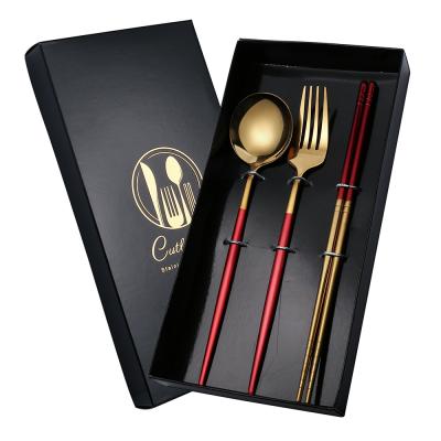 China Wholesale 3PCS Korean Stocked Black Box Spoon Fork Chopsticks Set 410 Stainless Steel for sale