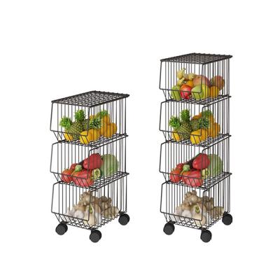 China Mordern Metal Floor Standing Storage Market Basket with Wheel Cover 5-Tier Fruit Basket Shelf Storage Stackable Rolling Serving Organizer for sale