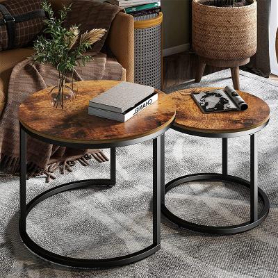 China (Other) Adjustable Industrial Nesting Coffee Table, Modern Round Wood Side Table Set Of 2 With Sturdy Metal Legs And Easy Assemble for sale