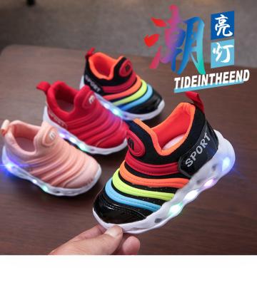 China Spring and autumn caterpillar luminous children's light shoes 1-6 years old with LED light walking shoes breathable sports shoes for sale