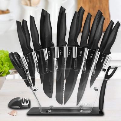 China Durable Blade Non-Stick Coating PP Handle With Acrylic Sharpener Block Stainless Steel Kitchen Knife Sets for sale