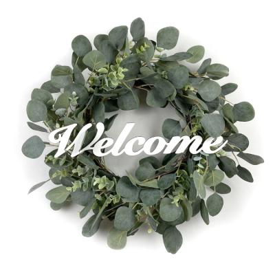 China Morden 18 Inch Artificial Faux Green Leaves Eucalyptus Welcome Garland for Front Door Wall Festival Fireplace Window Party Decor for sale