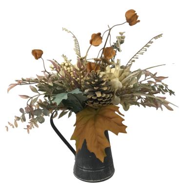 China Potted Designs Artificial Plant Real Touch Autumn Leaves With Pumpkin Pine Cones For Decoration for sale