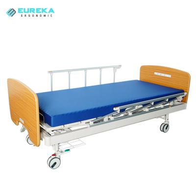 China MMB-2091 Hospital Clinic Manual Adjust Nursing Hospital Bed, Crank-Adjustable Back Lift Medical Bed with Foldable Guardrail Wooden Headboard for sale