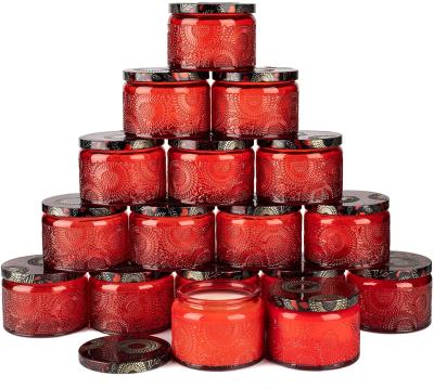 China 2021 New Home Decoration Fashion 4oz Red Embossed Glossy Candle Glass Jar With Tin Lid And Labels for sale