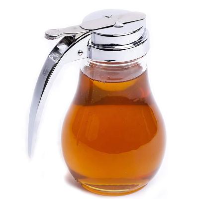 China Kitchen 7 Oz Glass Bulb Shape Honey Jar Sugar Dispenser Retracting Spout Dispensing Thumb-Lever for sale