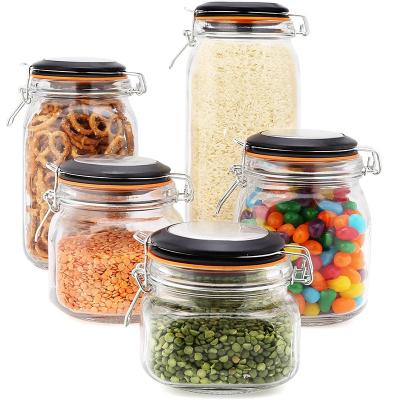 China Minimalist Set of 5 Clear Glass Kitchen Canisters and Canning Jars with Black Trigger Airtight Seal Bail Lids for sale