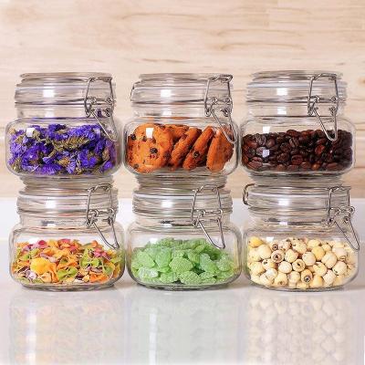 China 17oz Sustainable Sealed Square Glass Kitchen Jar Food Storage Jar Container With Fixed Preservation Sealing Flange for sale