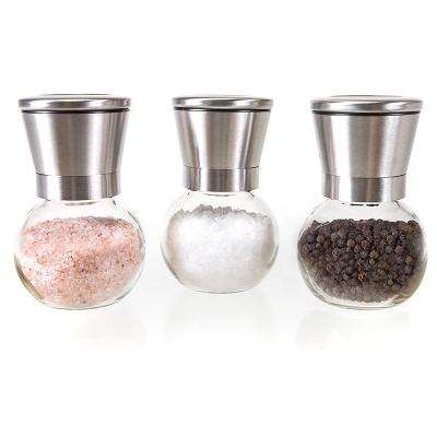 China Freshness Preservation Glass Pepper Grinder Spice Shaker Set with Perforated Stainless Steel Lid Ceramic Jar for sale