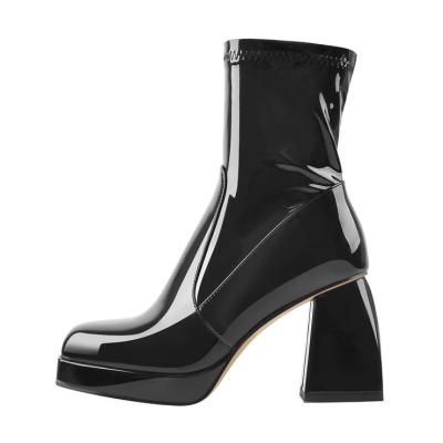 China 2021 Other Best Selling Square Toe Platform Heel Black Chunky Calf Boots for sale