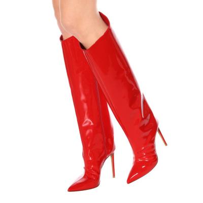 China 2021 Winter New Printed Design Plus Size Stiletto Heels Patent Leather Knee High Women Boots for sale