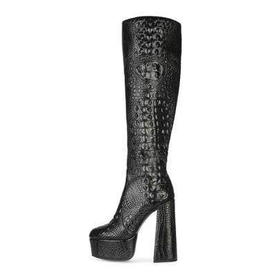 China Chunky Heel Knee High Women Platform PU Over Round Toe High Waist Leather Boots for sale