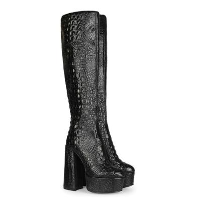 China Luxury Thick Unique Round Croc Knee High Genuine Leather Boots for sale