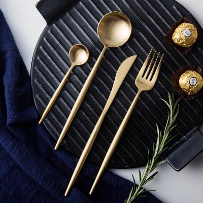 China Modern Luxury Factory Hot Stocked Gold Color 4 Pcs Set 304 Stainless Steel Knife Fork Spoon Dinnerware Cutlery Sets for sale