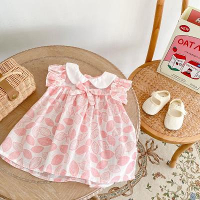 China Europe and America 2022 summer girls baby clothes 0-3 years old baby clothes leaf doll collar printed cotton fly sleeve skirt bamboo cotton for sale