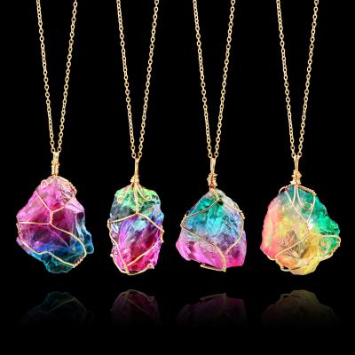 China Fashion Crystal Chakra Rock Necklace Gold Color Quartz Long Necklace Rainbow Stone Pendant TRENDY Natural Stone Chain For Women Gift for sale