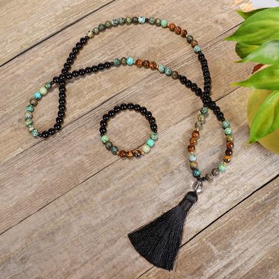 China Natural Tiger Eye Stone Delicate BOHEMIA Tassel Necklace and African Turquoise Gem Bracelet for 108 Pieces for sale