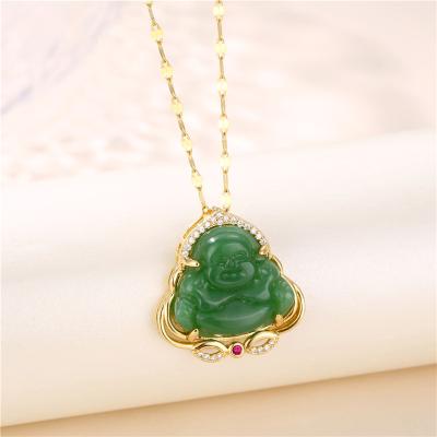 China Best Selling Religious 18K Gold Plated Stainless Steel Chain Mini Buddha Pendant Necklace Crystal Buddha Green Jade Necklaces for sale