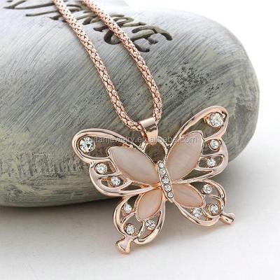 China Eco-Friendly (Rose Gold Acrylic Crystal 4CM Nickel Free Big Butterfly 70CM Long Necklace Chain Pendant Sweater Jewelry For Women for sale