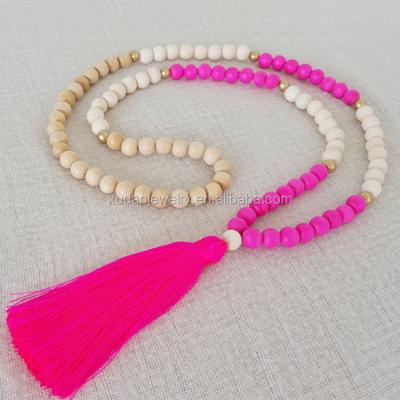 China Wholesale Bead Chain Necklace Fashion Boho Style Handmade Wooden Tassel Necklace Long Beaded Tassel Necklace for sale