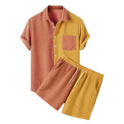 China Breathable Custom Color Block 2 Piece Set Short Sleeve Shirts Shorts For Men Summer Outfit Lounge Wear 100% Cotton Corduroy Mens Shorts Set for sale