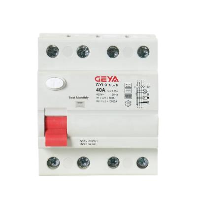 China GEYA 4 Poles B RCCB Circuit Breaker Residual Current DC ELCB 4P 40Amp 30mA Type B 10KA RCD For Solar PV System 6kA / 10kA for sale