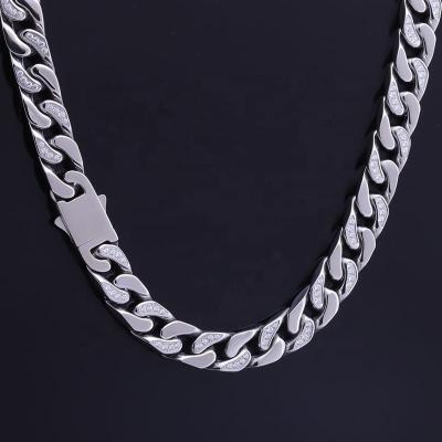 China 316L Stainless Steel 5AAAAA CZ Cubic Zirconia Men's Cuban Necklace Shiny Silver High Quality Lead Free Nickel Free Cnc HIP POP for sale