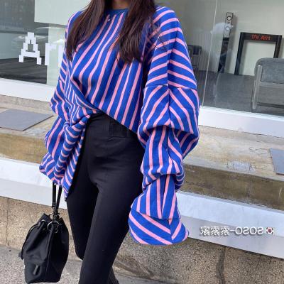 China New Style 2021 Fashion Korean Wholesale Loose Size Viable Spring Casul Wild Cotton Striped Velvet Women Hoody Sweatshirts for sale