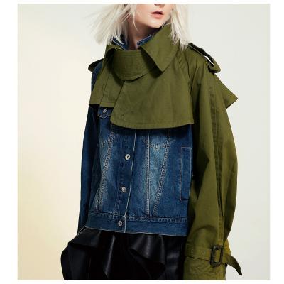 China 2021 newcomers fashion women's clothing contrasting high street denim color panel jacket free shipping casual loose coat for sale