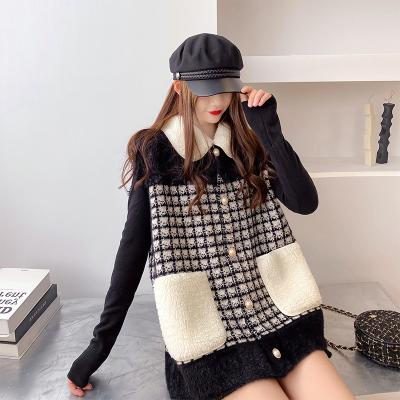 China 2020 New Arrival Korean Style Loose Plaid Knitted Vest Sweater Coat For Autumn And Winter Plus Size Women's Clothing for sale