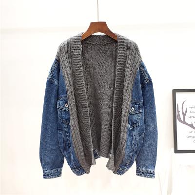 China 2021 spring and autumn Korean denim jacket casual fashion loose sweater stitching knitted cardigan ladies jacket for sale